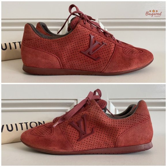 Authentic Louis Vuitton Pink Perforated Suede LV Logo Low Top Sneakers Size 7.5 - Picture 10 of 13